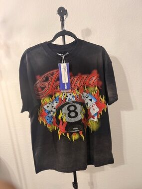 Black Graphic 8-Ball Tee with Flames and Cards
